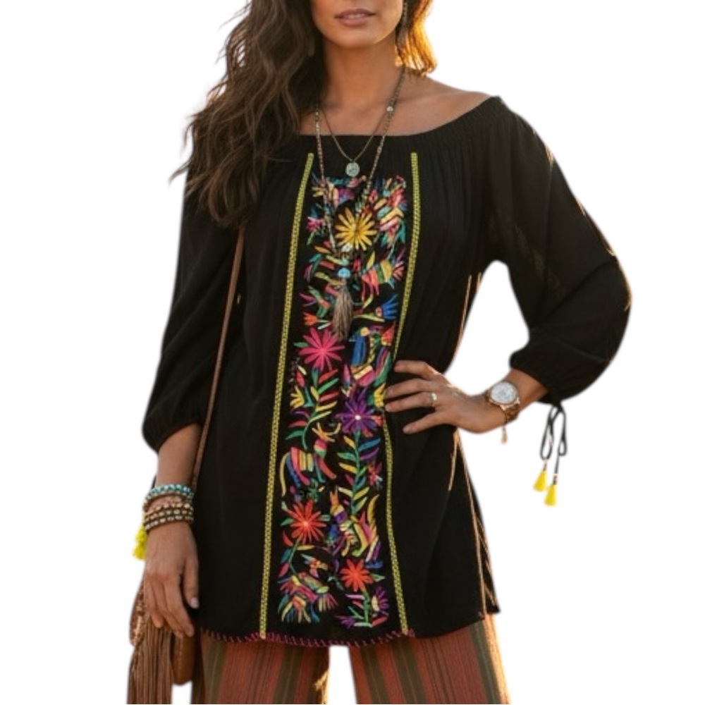NWT Nanette Lepore Swim Black Embroidered Off The Shoulder Cover Up Top Medium